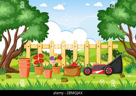 Hintergrund-Szene mit Gartengeräten in der Park-Illustration Stock Vektor