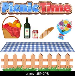 Schriftdesign für Picknick Zeit mit Essen und Blumen Illustration Stock Vektor