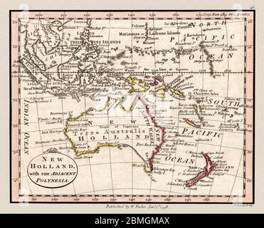 'New Holland [Australien] mit dem angrenzenden Polynesien.' Karte von Australien, Neuseeland und anderen geografischen Gebieten in dieser Karte zeigt die Gegend in 1798 gezeigt, Dies ist eine schön detaillierte historische Kartenreproduktion. Original aus einem britischen Atlas, herausgegeben vom berühmten Kartographen William Faden. Stockfoto