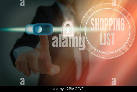 Konzeptionelle Handschrift, die Einkaufsliste. Begriff Sinne Disziplin Ansatz in den grundlegenden Artikel zu kaufen Stockfoto
