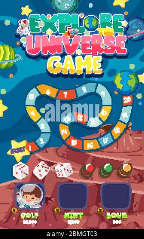 Spielvorlage mit vielen Planeten in der Hintergrundillustration des Raums Stock Vektor