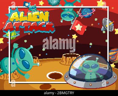 Hintergrund-Szene mit Alien und UFO fliegen im Weltraum Illustration Stock Vektor