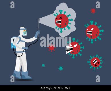 Arzt in chemischer Schutzkleidung Overall und Gasmaske stoppen Coronavirus. Quarantäne vor dem Ausbruch des pandemischen Covid-19-Coronavirus. Stock Vektor