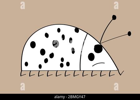 Gezeichnet traurig weißen Käfer mit schwarzen Punkten und Schnurrbart auf ockerfarbenem Hintergrund Stock Vektor