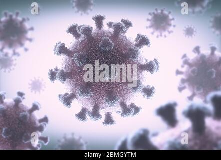 Coronavirus, Pandemie auf der ganzen Welt. Covid-19, Konzept der Proliferation von Viren in der Luft Tröpfchen. 3D-Darstellung. Stockfoto
