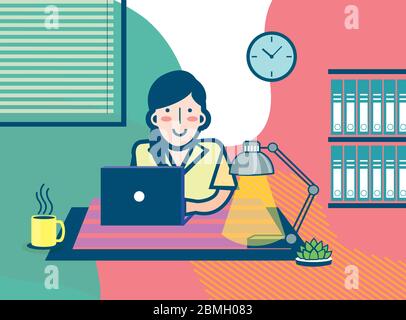 Szene eines Mädchens Quarantäne sich und arbeitet von zu Hause aus während der Bewegung Kontrolle Ordnung covid 19 Ausbruch Periode. Stock Vektor