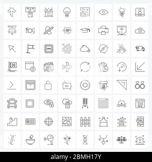 64 Universal Line Icon Pixel Perfect Symbole für Daten, Bildung, Notizen, Glühbirne, Party Vektor Illustration Stock Vektor