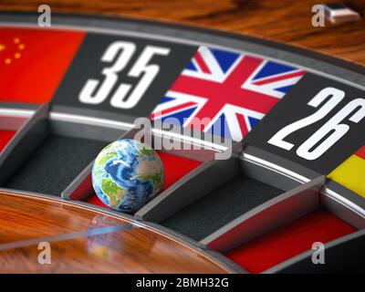 Englisch lernen Sprachkonzept. Erde als eine Kugel von Casino Roulette mit UK Great Btitain Flagge in der Gewinnzahl. 3d-Darstellung Stockfoto