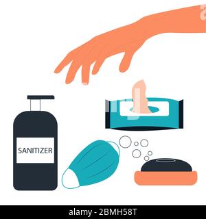 Vector Virenschutz-Kit. Medizinische Maske, Hand antiseptisch, Seife, antibakterielle Feuchttücher Stock Vektor