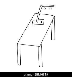 Handgezeichneter Doodle Tisch mit moderner Lampe darauf. Einzelnes Element auf weißem Hintergrund isoliert. Vektorgrafik. Stock Vektor
