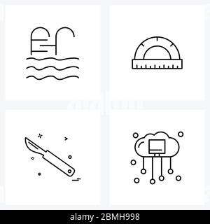 Pixel Perfect Set von 4 Vektor-Linien-Symbole wie Pool, Cutter, Grafik, Medizin, Computing Vektor-Illustration Stock Vektor