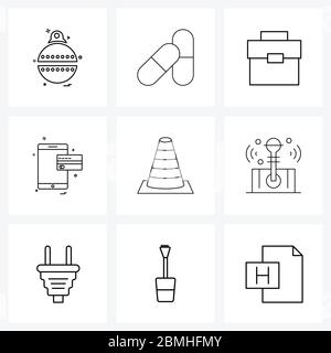 UI Set von 9 Basic Line Icons von pylon, Konstruktion, Tasche, Kegel, mobil Vektor Illustration Stock Vektor