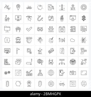 64 Universal Line Icon Pixel Perfect Symbole für Bearbeitung, Bildung, Spiele, Mütze, Sport Vektor Illustration Stock Vektor