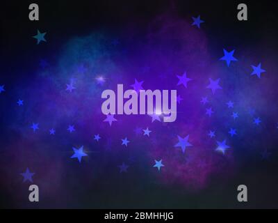 Illustration mit Sternen Hintergrund viele blaue Sterne auf farbigen leuchtenden Staub Hintergrund Stockfoto