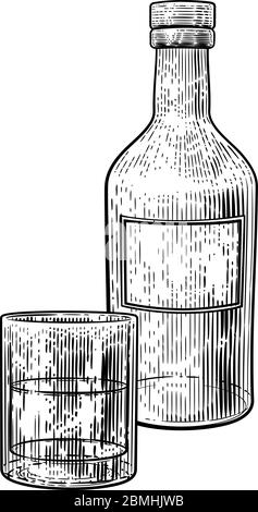 Trinkglas und Flasche im Vintage Holzschnitt Stil Stock Vektor