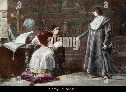 "Cesar Borgia dit le Valentinois (1475-1507) et le Pape Alexandre VI (1431-1503) en 1493" 'Cesare Borgia vor Papst Alexander IV.' Gravur - Privat Stockfoto