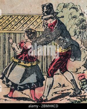 Le pere fouettard, personnage Legendaire du Folklore, punissant les enfants pas sages avec son fouet, et enfermant les petites filles trop bavardes da Stockfoto