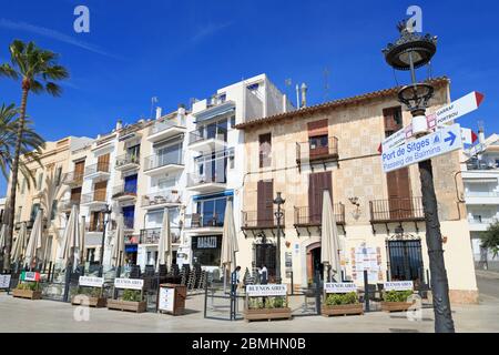 Uferpromenade, St. Sebastian Strand, Sitges, Katalonien, Spanien, Europa Stockfoto