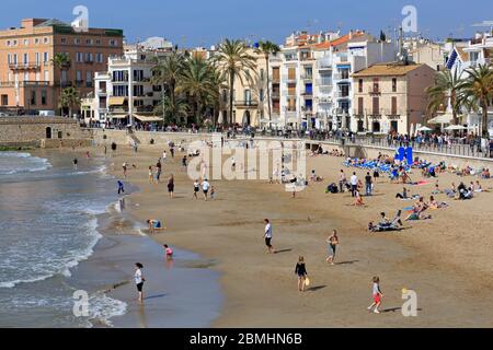 St. Sebastian Strand, Sitges, Katalonien, Spanien, Europa Stockfoto