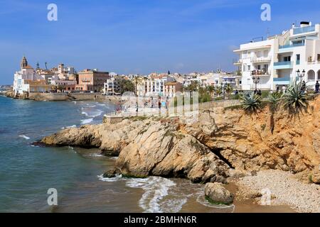 St. Sebastian Strand, Sitges, Katalonien, Spanien, Europa Stockfoto