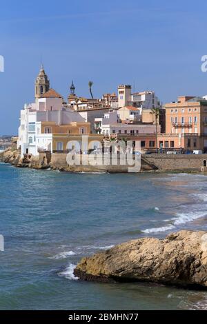 St. Sebastian Strand, Sitges, Katalonien, Spanien, Europa Stockfoto