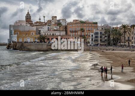 St. Sebastian Strand, Sitges, Katalonien, Spanien, Europa Stockfoto