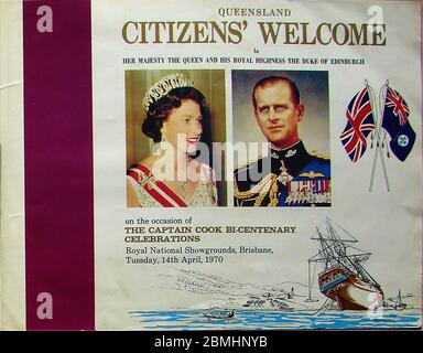 Offizielles Programm die Feierlichkeiten zum 200-jährigen Jubiläum von Captain Cook, Brisbane, Queensland, Australien 14. April 1970, die in Anwesenheit von Königin Elizabeth II. Und dem Herzog von Edinburgh auf dem Royal National showgrounds, Brisbane, Queensland, stattfinden. Stockfoto