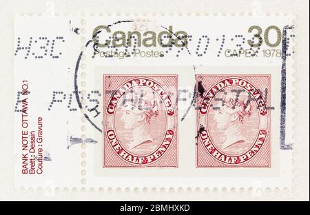 SEATTLE WASHINGTON - 8. Mai 2020: Nahaufnahme von 1978 CAPEX Kanadische Briefmarke mit einer jungen Queen Victoria Briefmarke Scott # 11, mit Rand. Scott # 755 Stockfoto