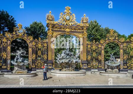 rokoko Neptunbrunnen am Place Stanislas in Nancy, Meurthe-et-Moselle, Lothringen, Frankreich Stockfoto