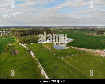 Luftaufnahme des leuchtend gelb blühenden organischen Raps Feld in Litauen im Frühling Stockfoto