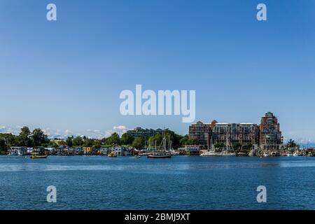 VICTORIA, KANADA - 14. JULI 2019: Geschäftiger Hafen in der Innenstadt mit Yachten und modernen Gebäuden. Stockfoto