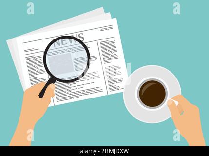 Flaches Design Cartoon Illustration von Händen mit Zeitung und Tasse Kaffee. Liest Nachrichten mit einem Vergrößerungsglas - Vektor Stock Vektor