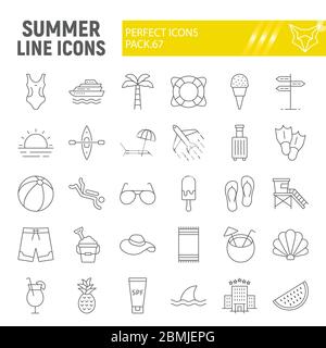 Sommer dünne Linie Icon-Set, Reise-Symbole Sammlung, Vektor-Skizzen, Logo-Illustrationen, Strand-Icons, Tourismus Zeichen lineare Piktogramme Paket Stock Vektor