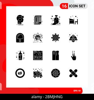 16 Universal Solid Glyph Zeichen Symbole der Schule, Bildung, Steuern, Schreibtisch, Therapie editierbar Vektor Design-Elemente Stock Vektor