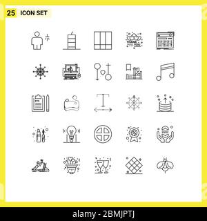 Gruppe von 25 Linien Zeichen und Symbole für Diamant, Rakete, Pfanne