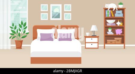 Schlafzimmer innen. Vektor-Design eines gemütlichen Zimmers mit Doppelbett, Nachttisch, Fenster, Bücherregal, Dekor-Accessoires und Katze. Startseite. Horizontales Banner. Stock Vektor