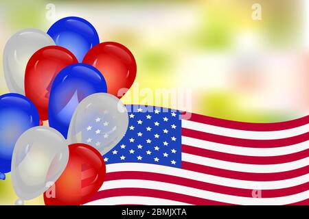 USA Independence, Veterans, Memorial oder Präsidenten Day Grußkarte mit Kopierbereich. Banner mit amerikanischer Flagge, Ballons und verschwommenem Hintergrund.Vektor Stock Vektor