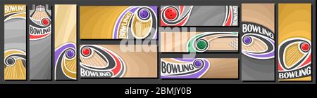 Vektor-Set von Bowling Banner, vertikale und horizontale dekorative Kunstvorlagen für Bowling-Veranstaltungen mit Illustration von Holzallee und Fliegen auf cur Stock Vektor
