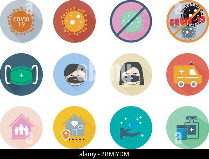Covid-19 Icon Set - 12 Farben Icon Set für Covid-19 Projekt, bleiben Sie einfach zu Hause. Symbol umfassen Corona-Virus, Maske, Tragen von Maske, Krankenwagen, zu Hause bleiben, Stock Vektor
