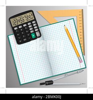 Vektor-Illustration zum Thema Schule. Notizbuch, Bleistift, Taschenrechner, Lineal und Kompass auf den Tisch gelegt. Stock Vektor