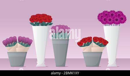 Blumenladen. Frische Blumen und Blumensträuße in Vase und im Eimer. Rose, Tulpe, Gerbera Blumen. Vektorgrafik. Stock Vektor