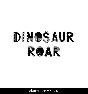 Lustige Kinder Schriftzug Text Dinosaurier brüllen mit handgezeichneten Elementen im skandinavischen Stil für Poster, Kinder Kinderzimmer Design. Vektorgrafik. Stock Vektor