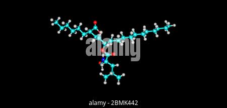 Orlistat ist ein Medikament zur Behandlung von Adipositas.ITS primäre Funktion ist die Verhinderung der Aufnahme von Fetten aus der menschlichen Ernährung. 3d-Darstellung Stockfoto