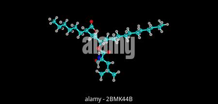 Orlistat ist ein Medikament zur Behandlung von Adipositas.ITS primäre Funktion ist die Verhinderung der Aufnahme von Fetten aus der menschlichen Ernährung. 3d-Darstellung Stockfoto