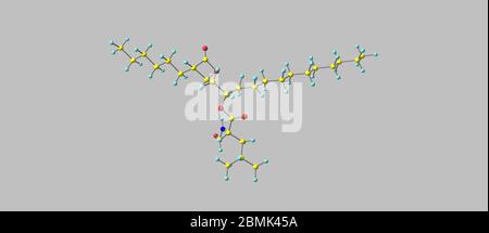 Orlistat ist ein Medikament zur Behandlung von Adipositas.ITS primäre Funktion ist die Verhinderung der Aufnahme von Fetten aus der menschlichen Ernährung. 3d-Darstellung Stockfoto