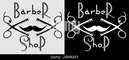 Minimalistisches schwarzes Barbier-Shop-Logo aus Schere und dünnem Schnurrbart, der aufwirbelt Stock Vektor