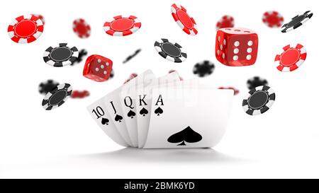 Casino Hintergrund mit Royal Flush Hand Kombination, Würfel und fliegende schwarze und rote Chips Stockfoto