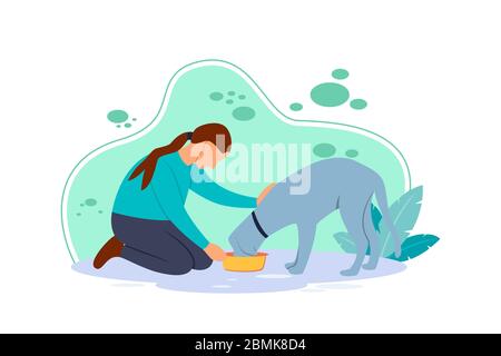 Flache Illustration eines kleinen Mädchens hockt, um ihren geliebten Hund zu füttern. Freundschaft zwischen einem kleinen Kind und einem Hund. Aktivitäten für kleine Kinder Stock Vektor