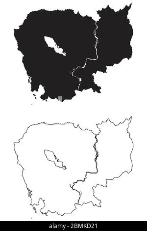 Landkarte Kambodscha. Schwarze Silhouette und Umriss isoliert auf weißem Hintergrund. EPS-Vektor Stock Vektor