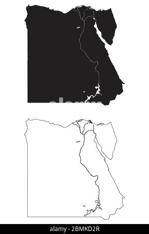 Länderkarte Ägypten. Schwarze Silhouette und Umriss isoliert auf weißem Hintergrund. EPS-Vektor Stock Vektor